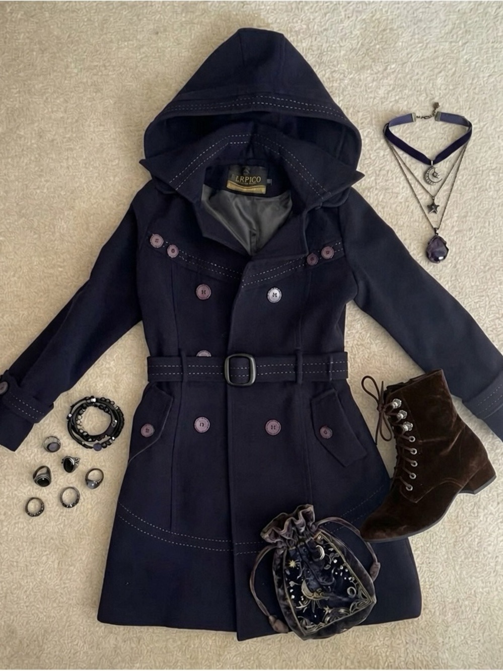 Vintage Serpico Hooded Trench Coat Navy Blue Size 40